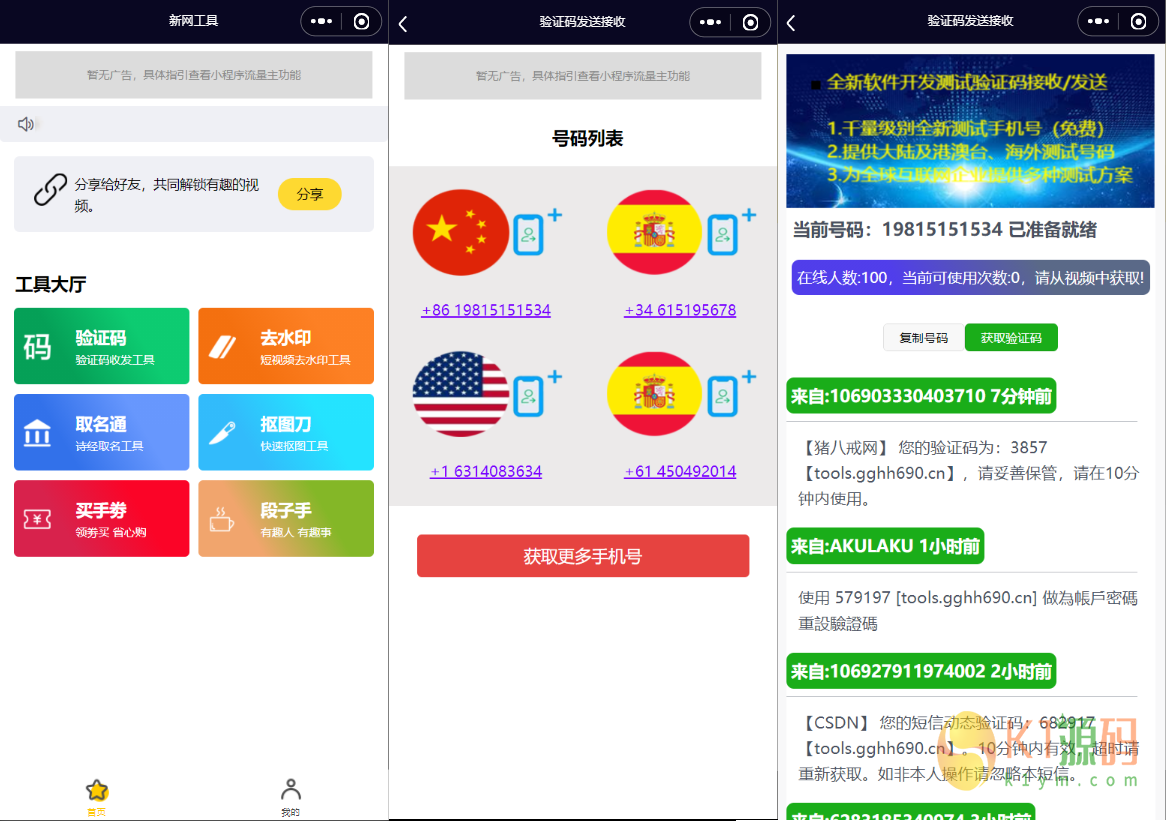 亲测|流量主系列|全球手机验证码发放+短视频去水印等组合微信小程序源码下载插图